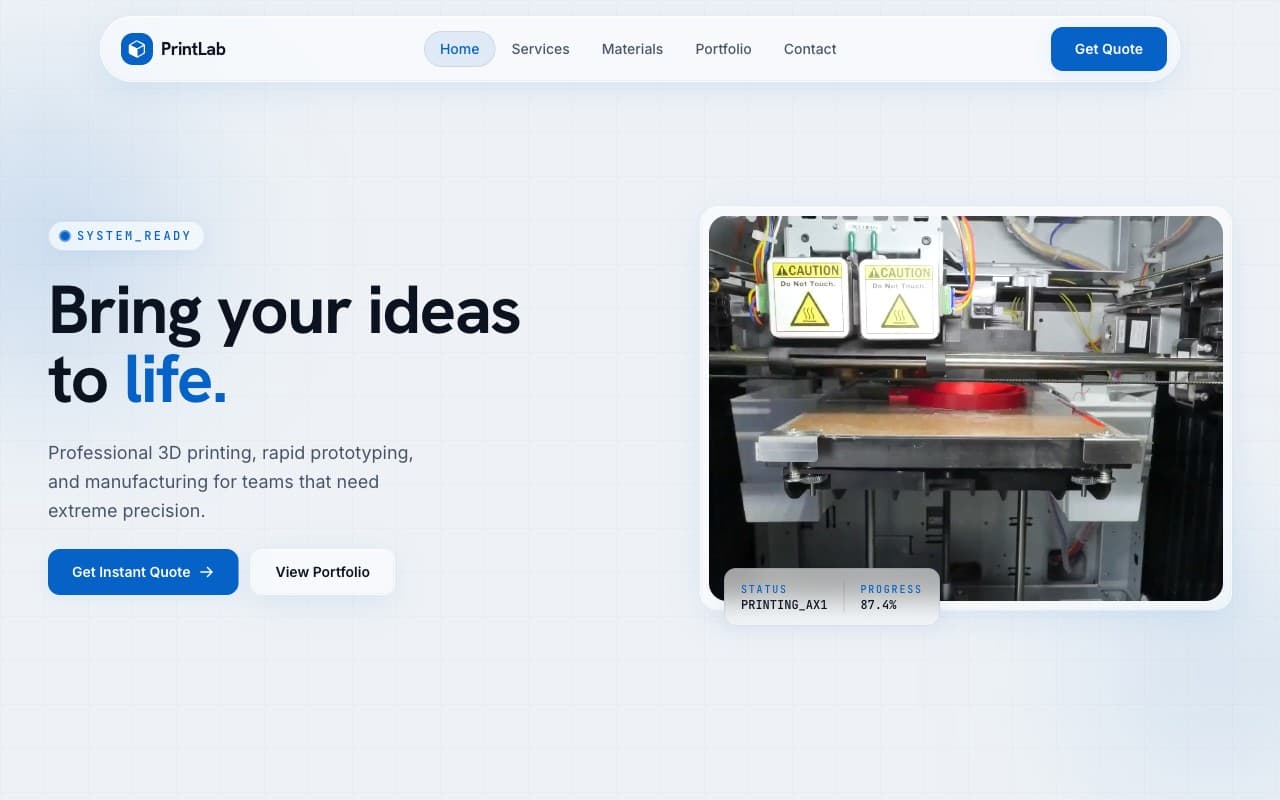 PrintLab — Manufacturing demo website designed and built by Stacky