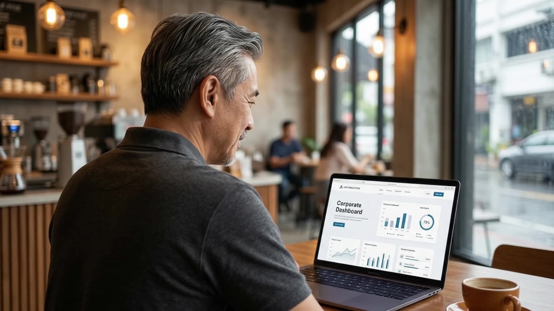 Café owner reviewing his business website on a laptop