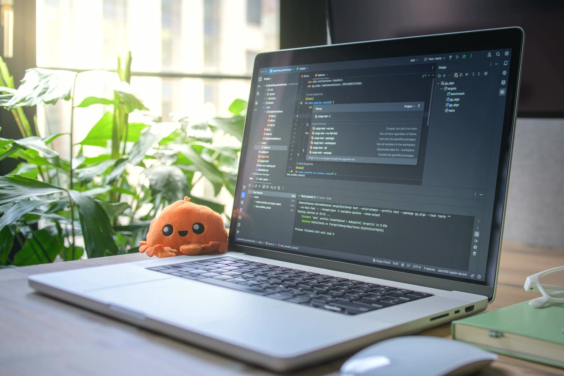 Laptop showing code on a bright desk with plants